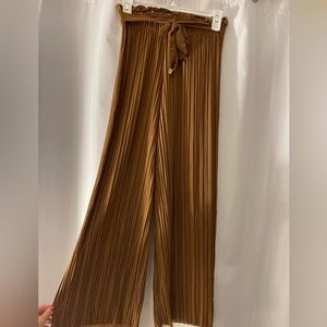 Brown Pleated Pants with Tie Front